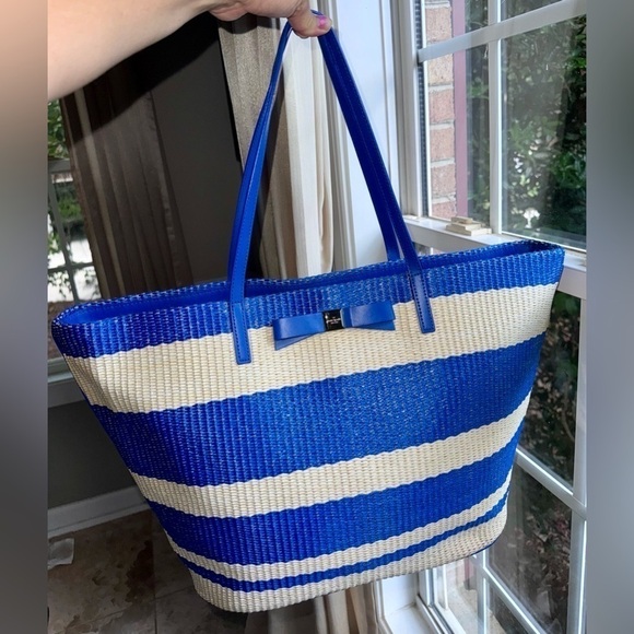 Kate Spade Blue White Striped Straw Wicklow‎ Court Anabette Large Tote Bag Purse - Picture 6 of 11